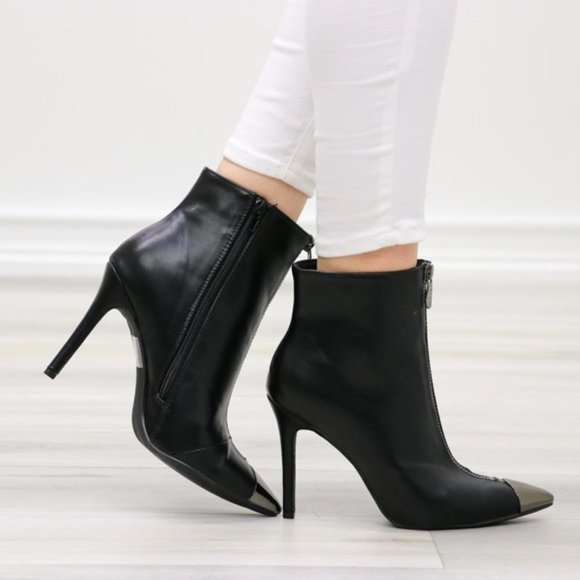 Pointy Toe Ankle Black Boots Faux Leather - Picture 7 of 14